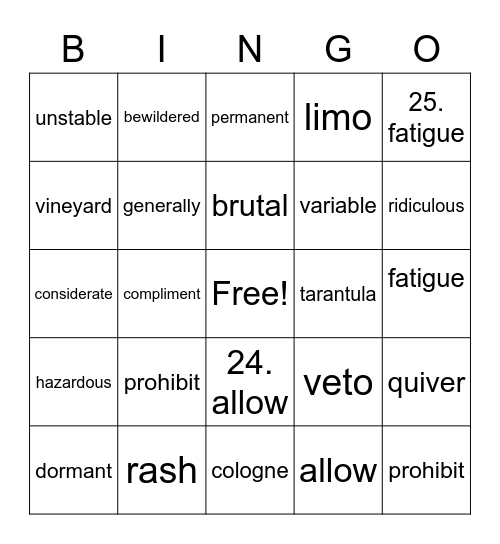 V5 Bingo Card