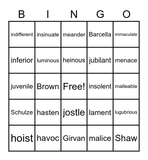 Set 4 Vocabulary Bingo Card