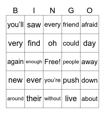 List D - Sight Words Bingo Card