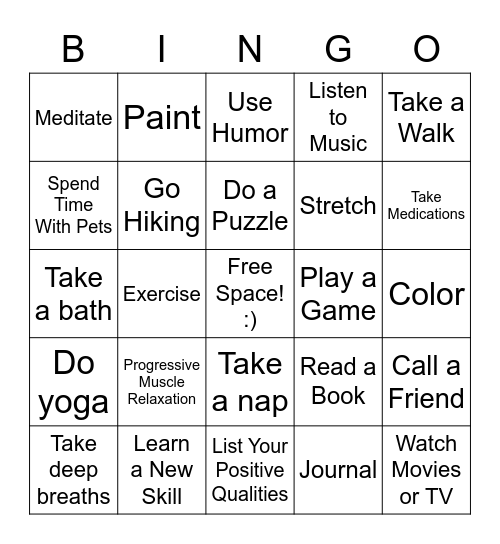 Positive Coping Skills Bingo Card