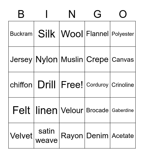 Fabrics Bingo Card