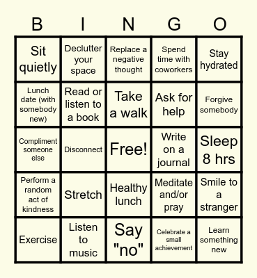 Self Care Bingo Card