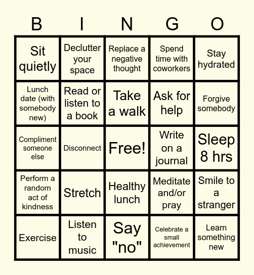 Self Care Bingo Card