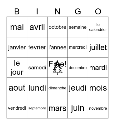 French Days and Months Bingo Card