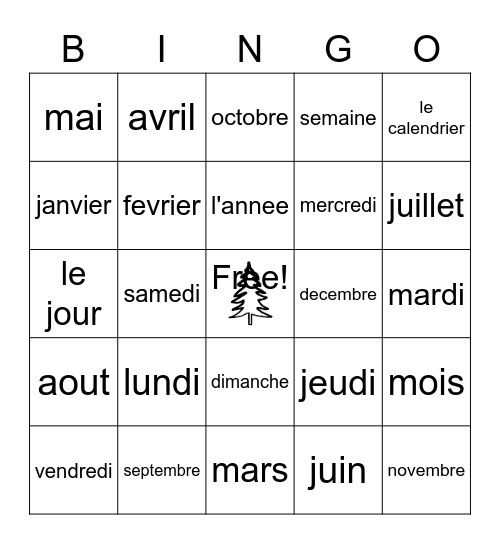French Days and Months Bingo Card