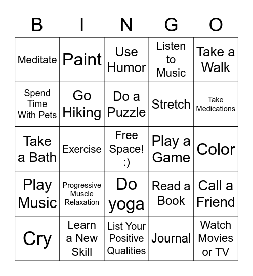 Positive Coping Skills Bingo Card