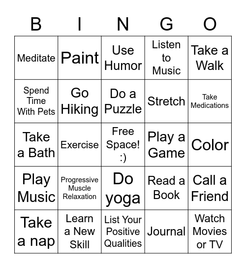 Positive Coping Skills Bingo Card