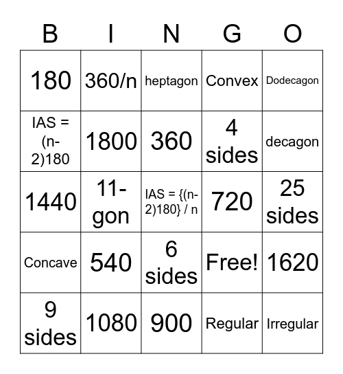 Interior and Exterior Angles of Polygons Bingo Card