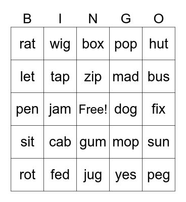 CVC Word Bingo Card