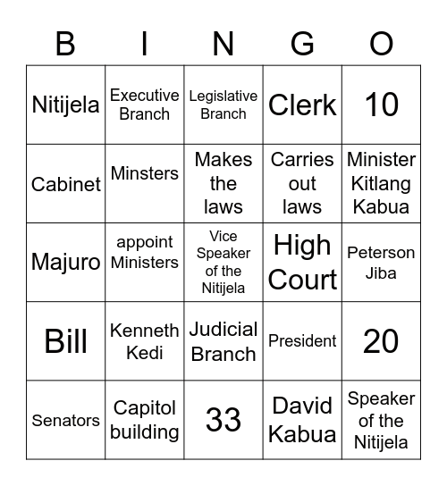 Three Branches of Government Bingo Card