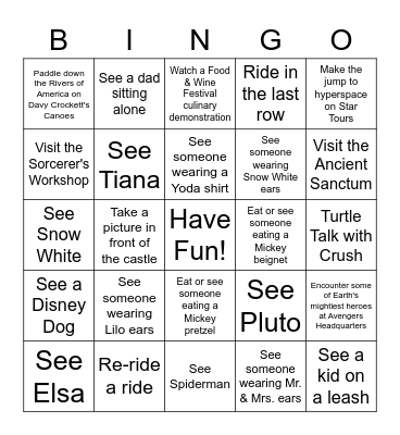 Disneyland & California Adventure Bingo Card