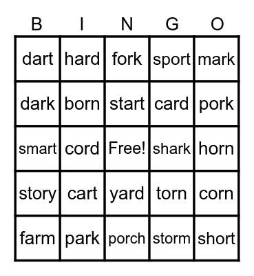 BOSSY R BINGO: -ar   -or Bingo Card