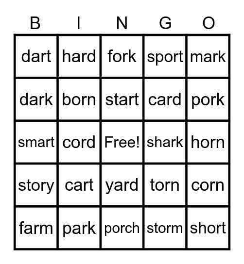 BOSSY R BINGO: -ar   -or Bingo Card