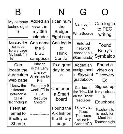 Elementary Bingo Card