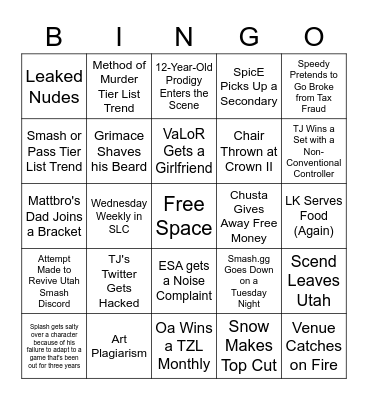 Utah Smash 2022 Bingo Card