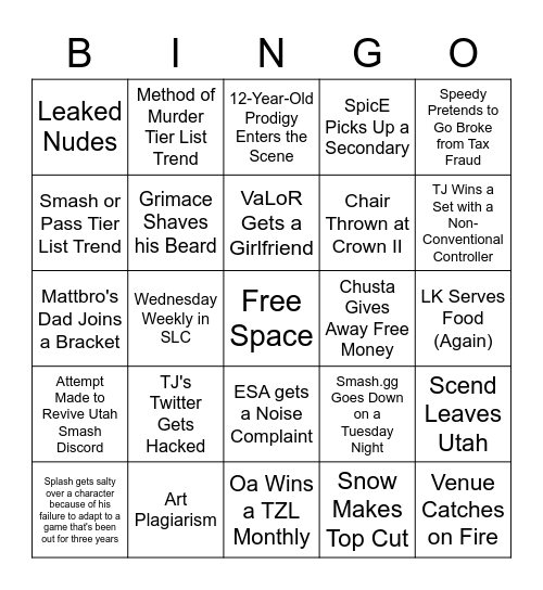 Utah Smash 2022 Bingo Card
