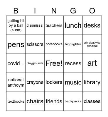 school Bingo Card