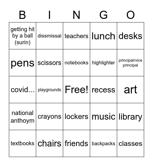 school Bingo Card