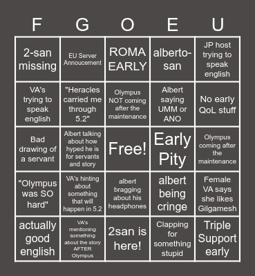 FGO Olympus Broadcast Bingo Card
