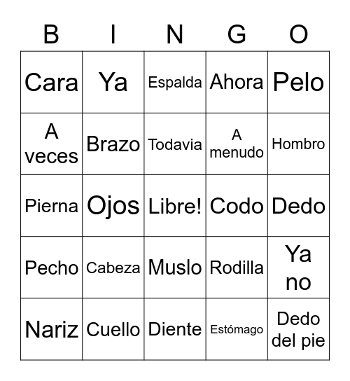 Cuerpo Bingo Card