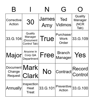 Inspection Heat Treat Bingo Card