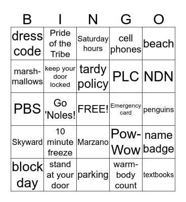 SHS Faculty Meeting Bingo Card