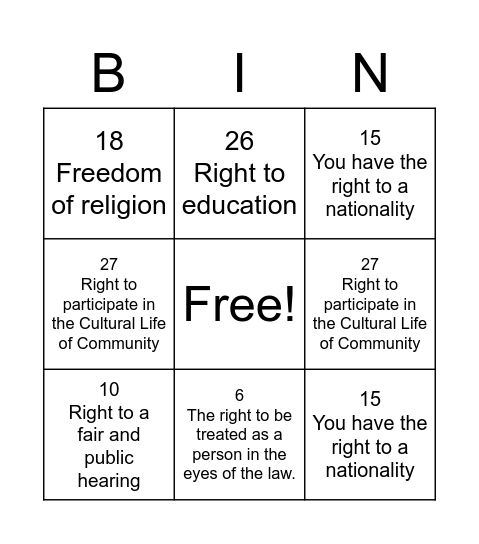 UDHR Bingo Card