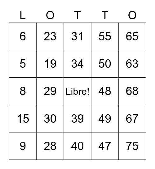 Lotto des numeros Bingo Card