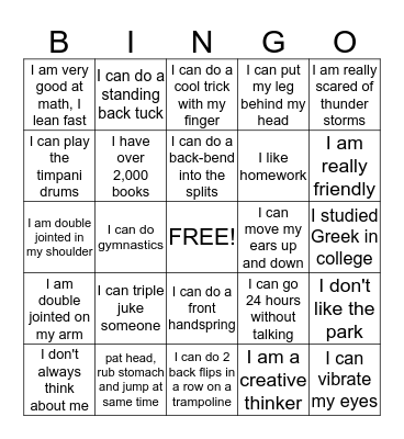 I Am Unique! Bingo Card