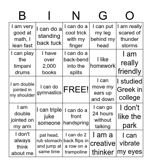 I Am Unique! Bingo Card