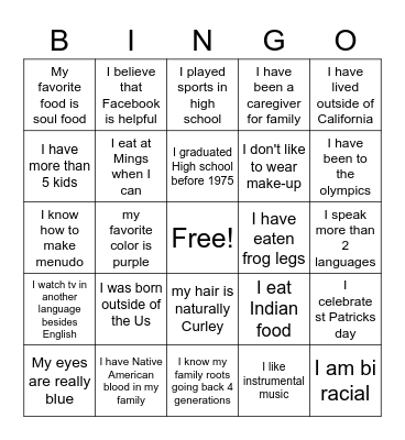 Multi Cultural Bingo Card