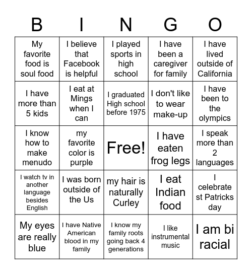 Multi Cultural Bingo Card