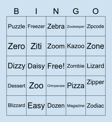 Initial and Medial Z Bingo Card