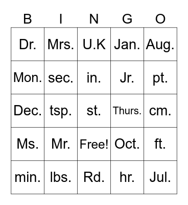 Abbreviations Bingo Card