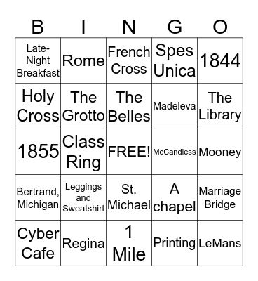 Bingo: Saint Mary's Style  Bingo Card