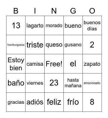 Everlasting Spanish Bingo Card