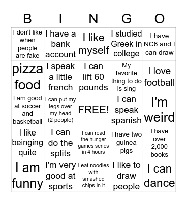 I Am Unique Bingo Card