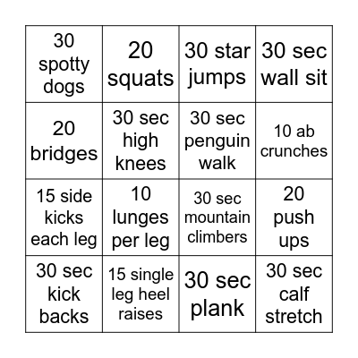 Fitness Bingo Card