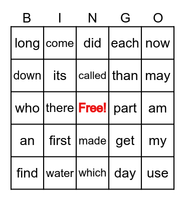 Fry's  Sight Words Bingo Card