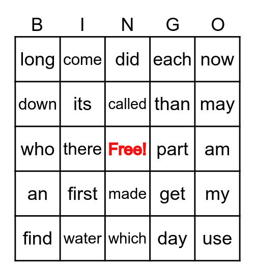 Fry's  Sight Words Bingo Card