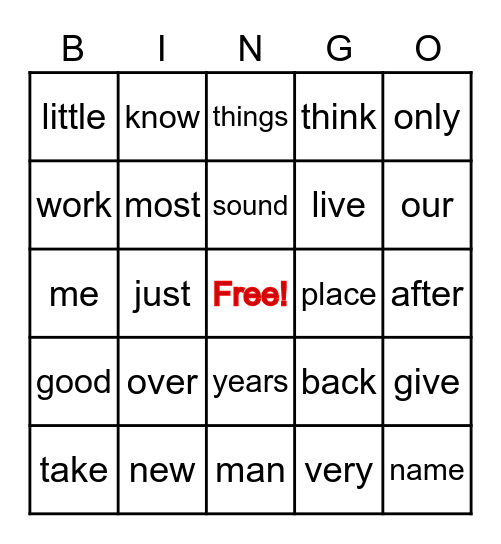 Fry's 101-124 Sight Words Bingo Card