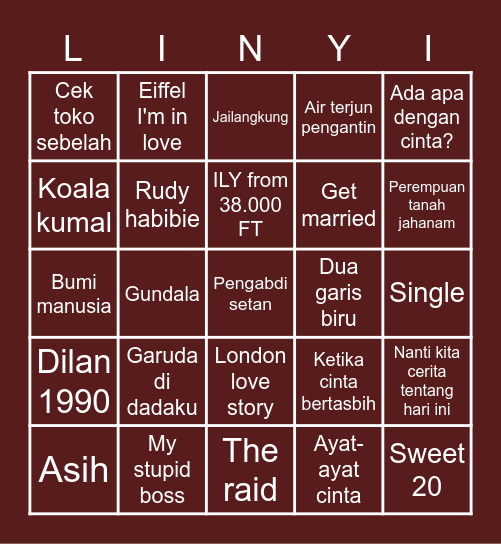 Indonesia movie Bingo Card