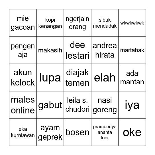 Jake Bingo Card