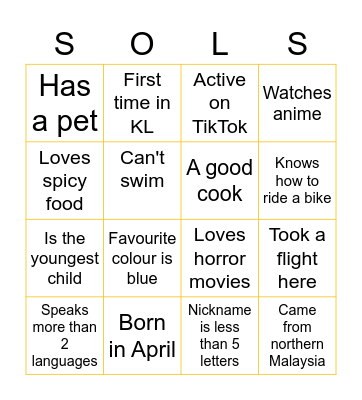 Get to Know Your SOLS Mates! Bingo Card