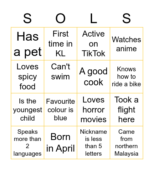Get to Know Your SOLS Mates! Bingo Card
