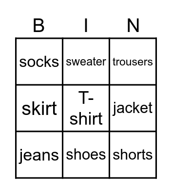 Clothes Bingo Card
