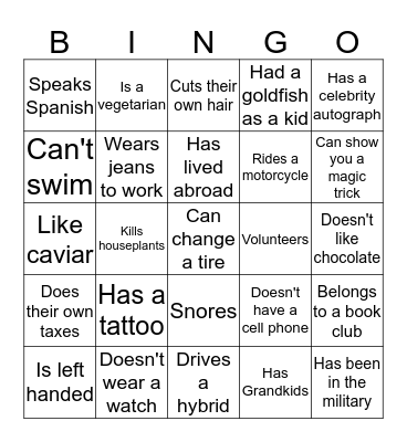 Getting To Know You Bingo Card