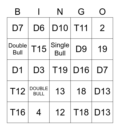 Darts Bingo Card