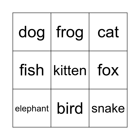 Animals Bingo Card