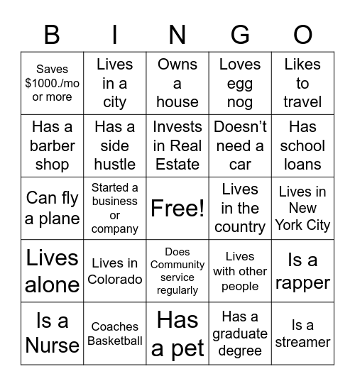 Financial Health Character Bingo Card